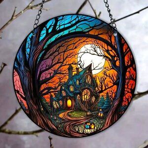 Haunted House Suncatcher Goth Halloween Creepy Forest Moon Hanging In/Outdoor